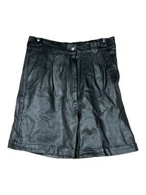 Savion Vintage Black Leather High Waist Pleated Cuffed Shorts Size 12